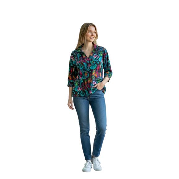Parsley & Sage Abstract Top, Three-quarter sleeve, v-neck, collar & pockets sz M - Picture 1 of 9